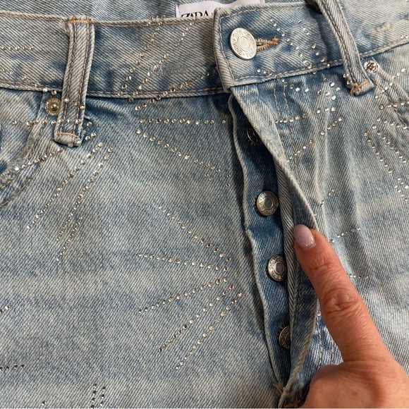 ZARA Rhinestone Fireworks Blue Denim Ripped Jean Shorts Sz 40/ US 8 - Picture 5 of 13